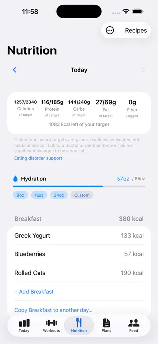 Ascend's Nutrition screen: the day's calories, protein, carbs and fat against their targets, a note that targets are general wellness estimates, a hydration tracker, and a breakfast of Greek yogurt, blueberries and rolled oats.